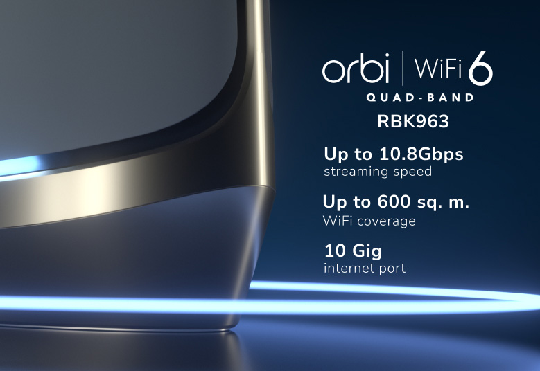 RBKE963, Quad-Band WiFi 6E, upto 10.8Gbps speed, 9000 sq.ft. WiFi coverage, 10 Gig internet port