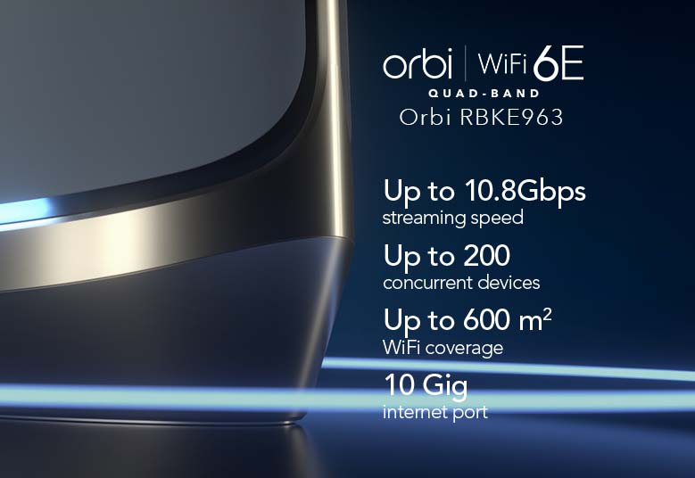 RBKE963, Quad-Band WiFi 6E, upto 10.8Gbps speed, 9000 sq.ft. WiFi coverage, 10 Gig internet port