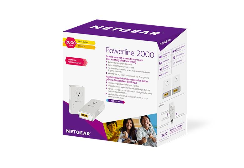 NETGEAR Powerline 2000 + Extra Outlet - Adaptateur CPL - GigE, HomePlug AV  (HPAV) 2.0 - Branchement mural (pack de 2) - CPL