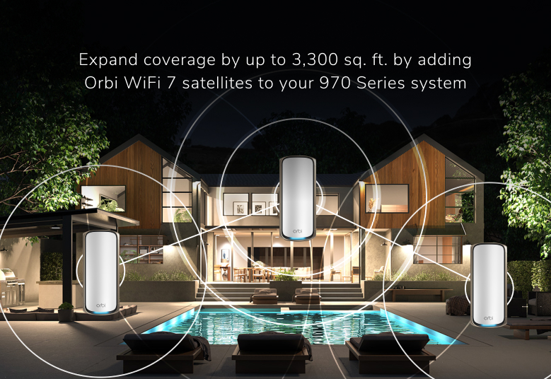 Orbi RBE970 Expand coverage by up to 3,300 sq. ft. by adding Orbi WiFi 7 satellites to your 970 Series system