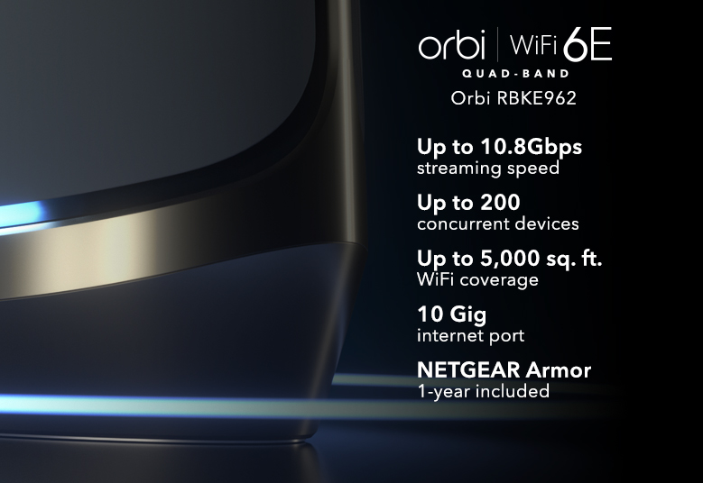 RBKE962, Quad-Band WiFi 6E, upto 10.8Gbps speed, 6000 sq.ft. WiFi coverage, 10 Gig internet port